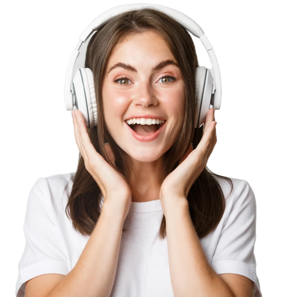 Excited young woman in white headphones and T-shirt, transparent background.