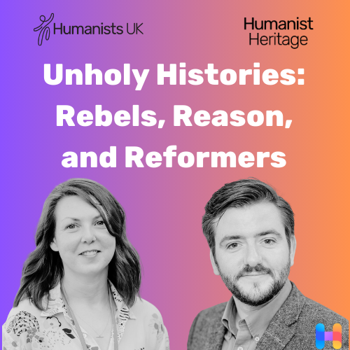 Gradient purple-to-orange tile titled “Unholy Histories: Rebels, Reason, and Reformers” with two monochrome hosts.