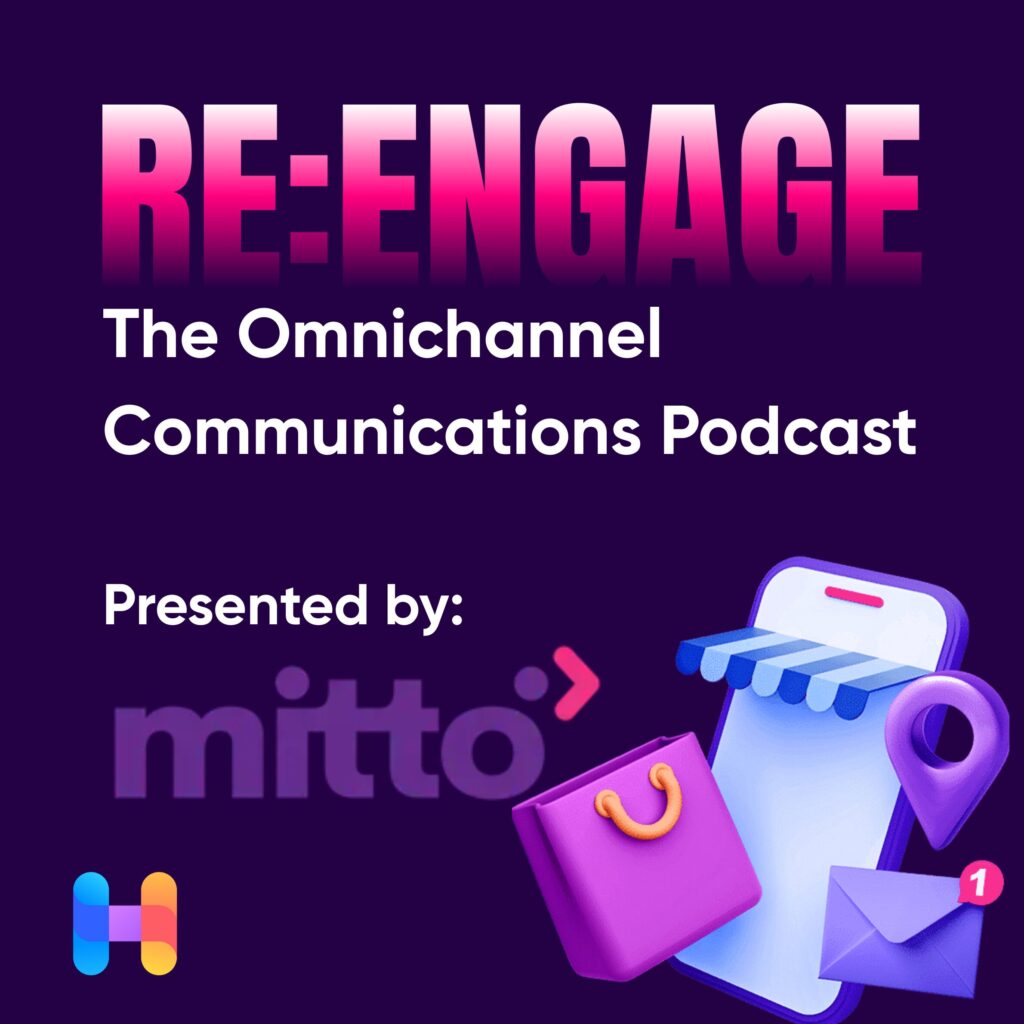 Deep-purple cover for “RE:ENGAGE – The Omnichannel Communications Podcast” presented by Mitto, with 3-D icons.