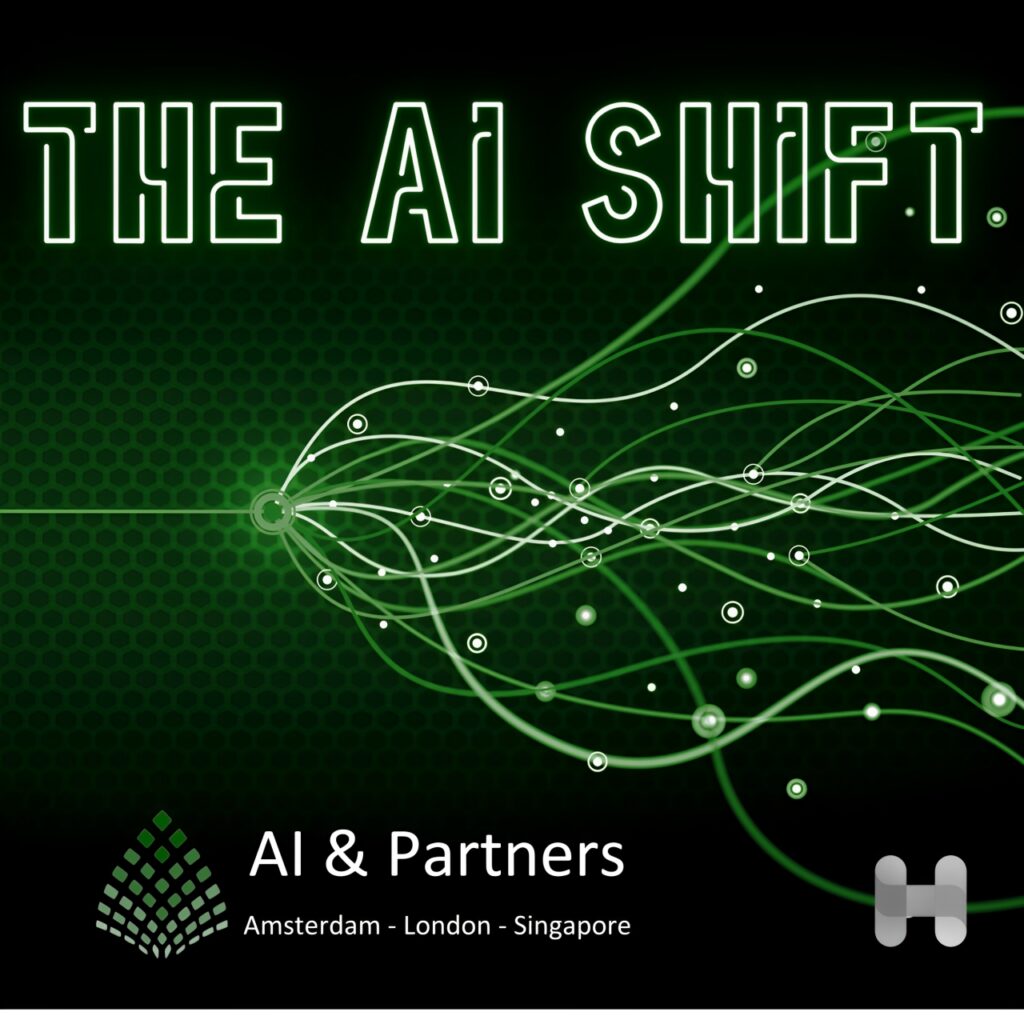 Green tech-style graphic reading “THE AI SHIFT” with flowing data lines and AI & Partners logo.