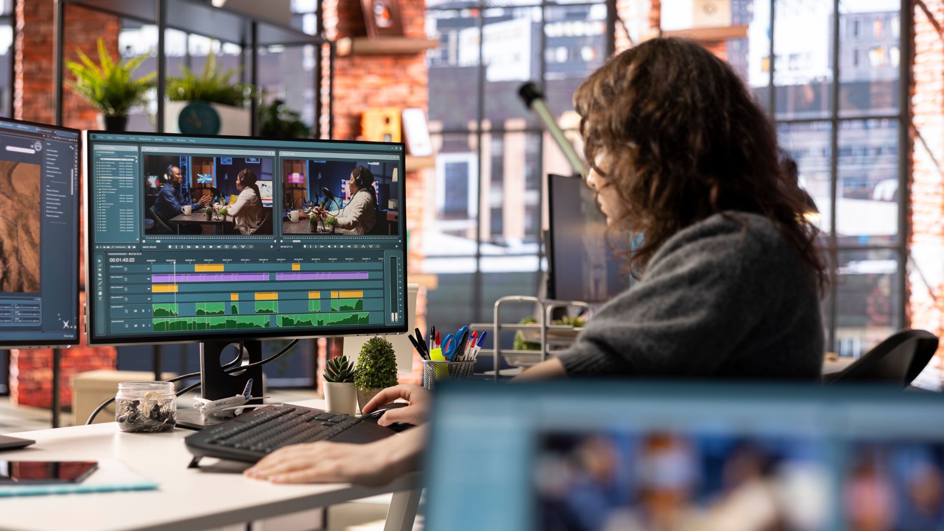 A person editing video footage on dual monitors in a modern office, with video editing software open, showcasing a collaborative workspace.