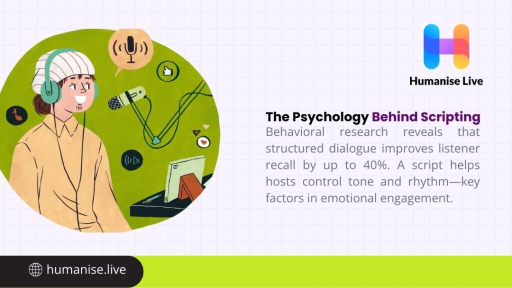 Cartoon image illustrating The Psychology Behind Scripting, showing a podcaster with headphones next to a microphone, highlighting how a structured script improves listener recall.