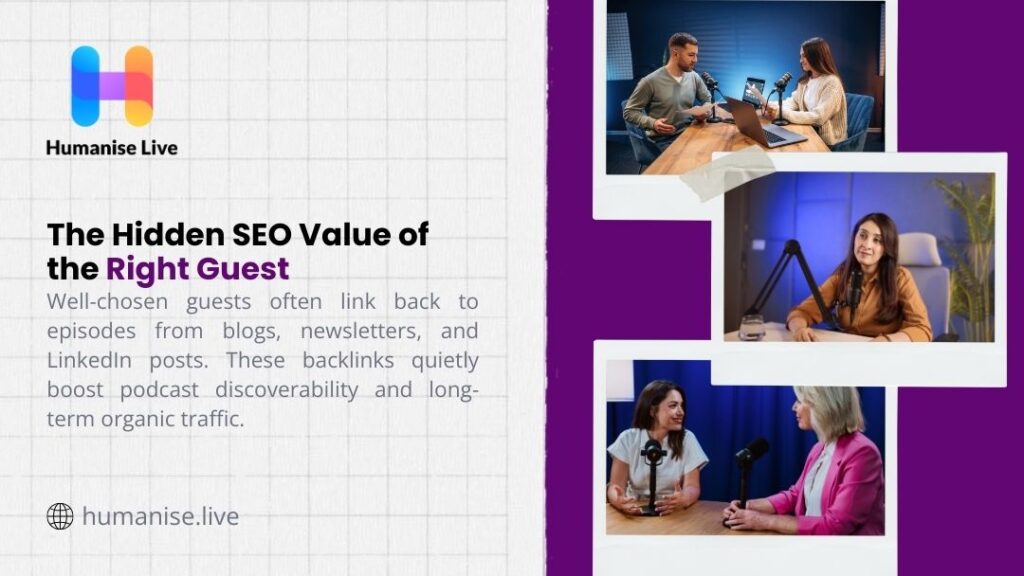 Podcast hosts interviewing guests in professional studio settings, illustrating the hidden SEO value of the right guest through backlinks and organic traffic.