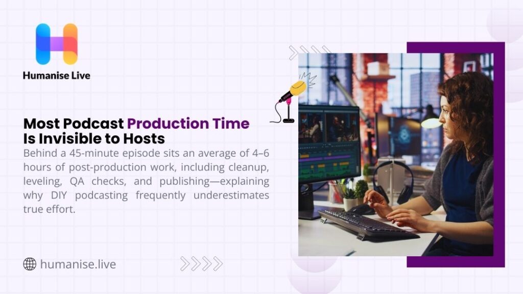Audio engineer editing podcast episode at professional workstation, illustrating how most podcast production time is invisible to hosts with 4-6 hours post-production work