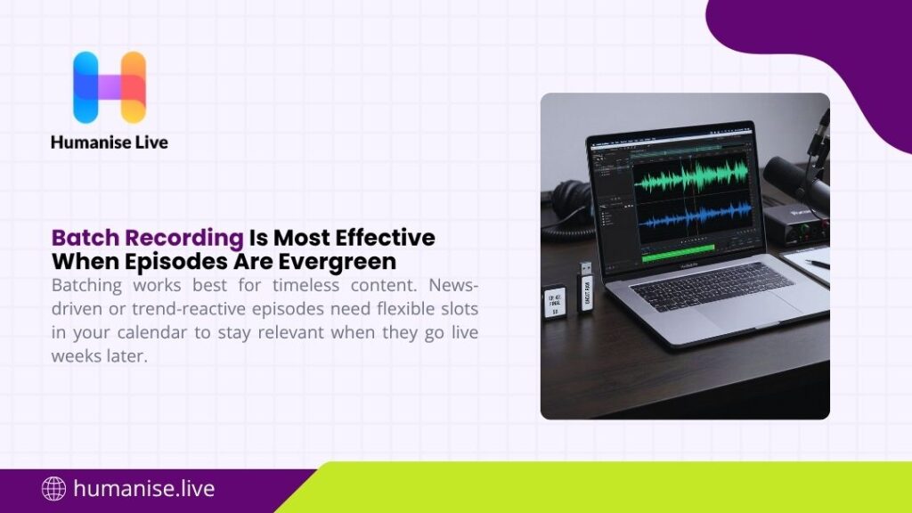 Laptop displaying audio waveforms in a podcast editing software on a studio desk, illustrating why batch recording works best for evergreen podcast episodes.