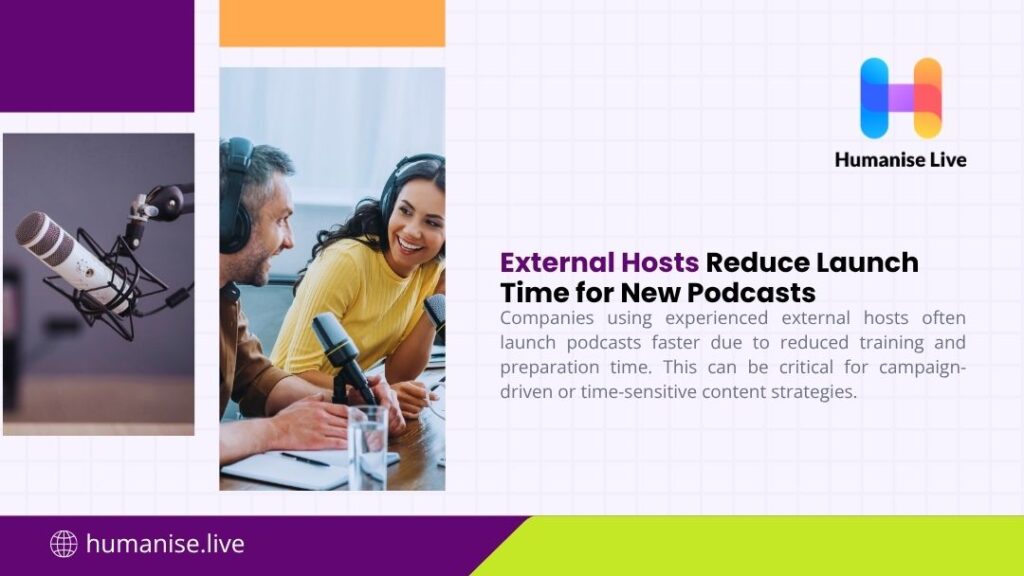 External Hosts Reduce Launch Time for New Podcasts. Smiling man and woman wearing headphones sitting at a desk with microphones during a podcast recording session.