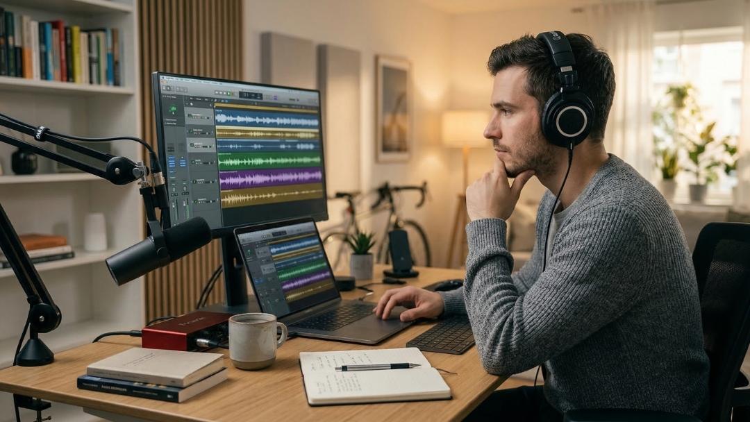 Man wearing headphones editing podcast audio on dual screens in a home studio, representing the choice between a freelance podcast editor and an agency.