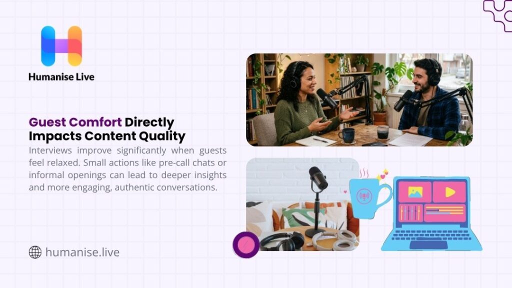 Guest Comfort Directly Impacts Content Quality. Woman in green sweater and man in plaid shirt smiling and gesturing during a friendly podcast interview at a table with microphones.