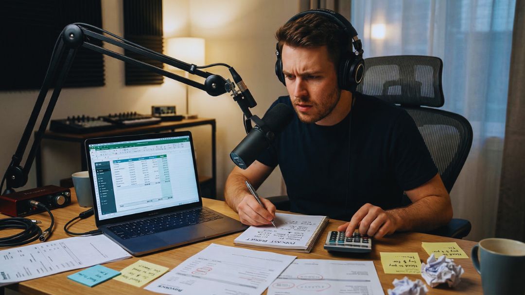 Podcaster reviewing a budget spreadsheet and notes at a home studio desk, illustrating the monthly costs involved in running a podcast.
