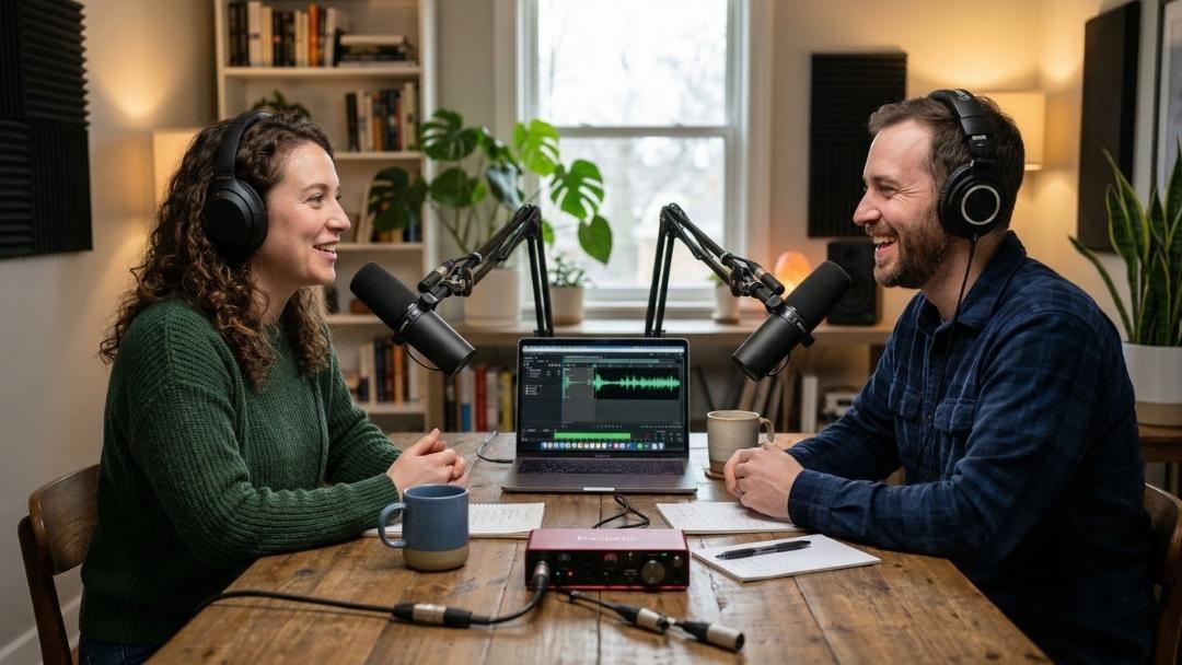 Two podcast hosts recording an episode at a home studio setup with dual microphones and a laptop, representing how to maximize value from each podcast episode.