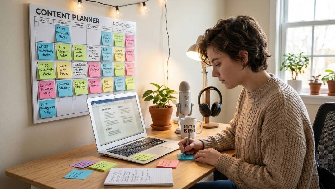 Content creator writing episode ideas at a desk with a colorful content planner calendar, laptop, and podcast microphone, showing how to plan podcast content in advance.
