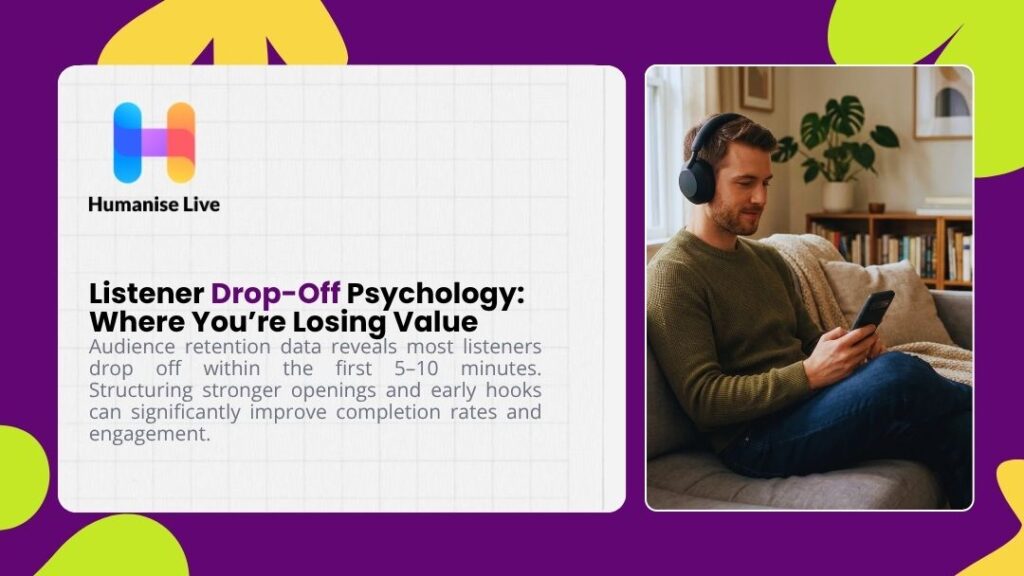 Man listening to a podcast on headphones while checking his phone on a couch, illustrating listener drop-off psychology and early episode abandonment.