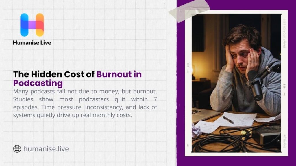 Exhausted podcaster sitting at a cluttered desk with his head in his hands, representing the hidden cost of burnout in podcasting.