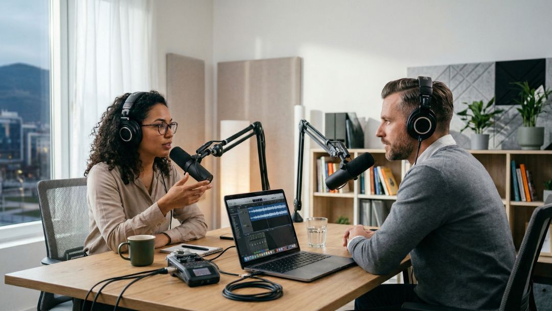 Professional podcast recording session. Woman with curly hair and glasses speaking animatedly into a microphone while a man with short hair and headphones listens attentively across the table in a modern studio setup.