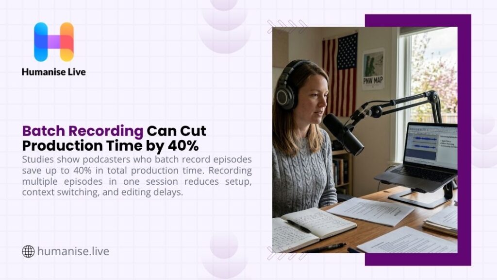 Podcaster recording multiple episodes in a home studio using batch recording to cut production time by 40%.