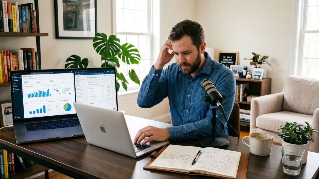 Podcaster analyzing SEO and podcast analytics on dual laptops beside a studio microphone, researching how having a podcast helps with SEO and GEO in 2026.