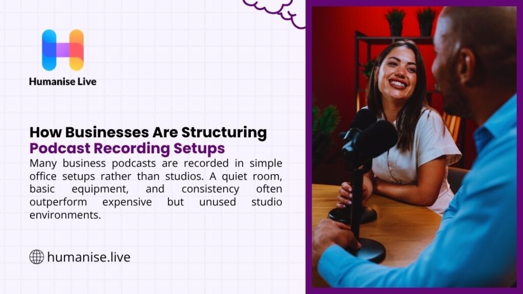 Podcast recording setup: Smiling woman and man in a casual office environment with microphones, discussing how businesses structure simple podcast recording setups. Humanise Live.