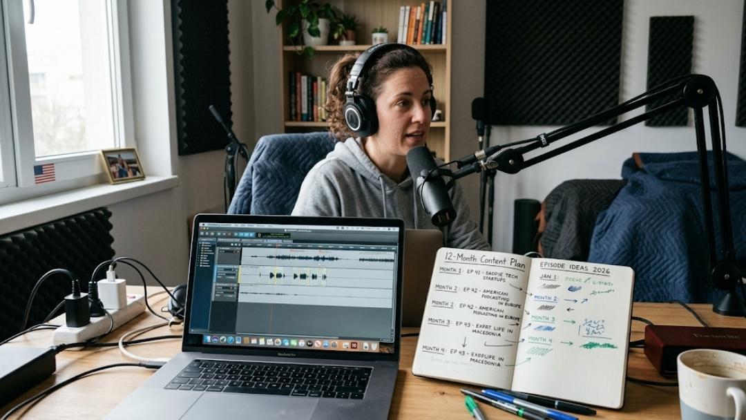 Podcaster recording with a 12-month content plan and episode ideas notebook showing the real timeline to grow a podcast.