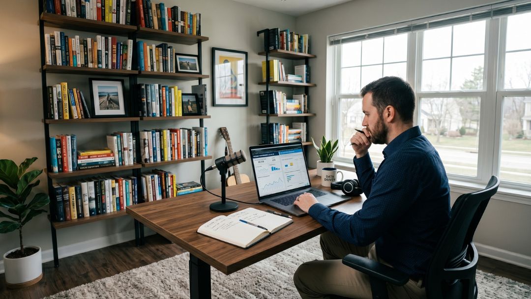 Podcaster reviewing SEO and GEO analytics on a laptop at a home studio desk with a microphone, researching how podcasts help with SEO and GEO in 2026.