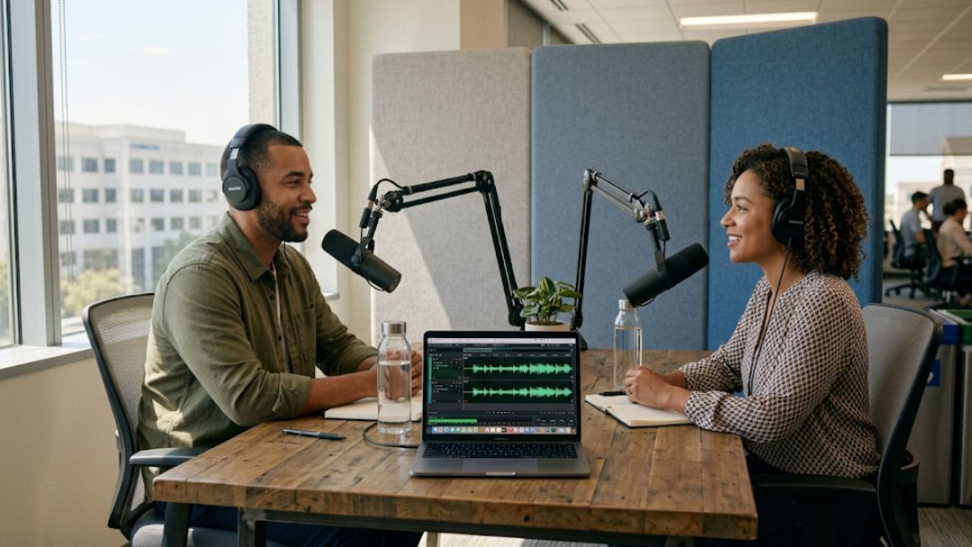 Two podcast co-hosts recording an episode together with boom mics and audio software to avoid burnout and ensure long-term success.