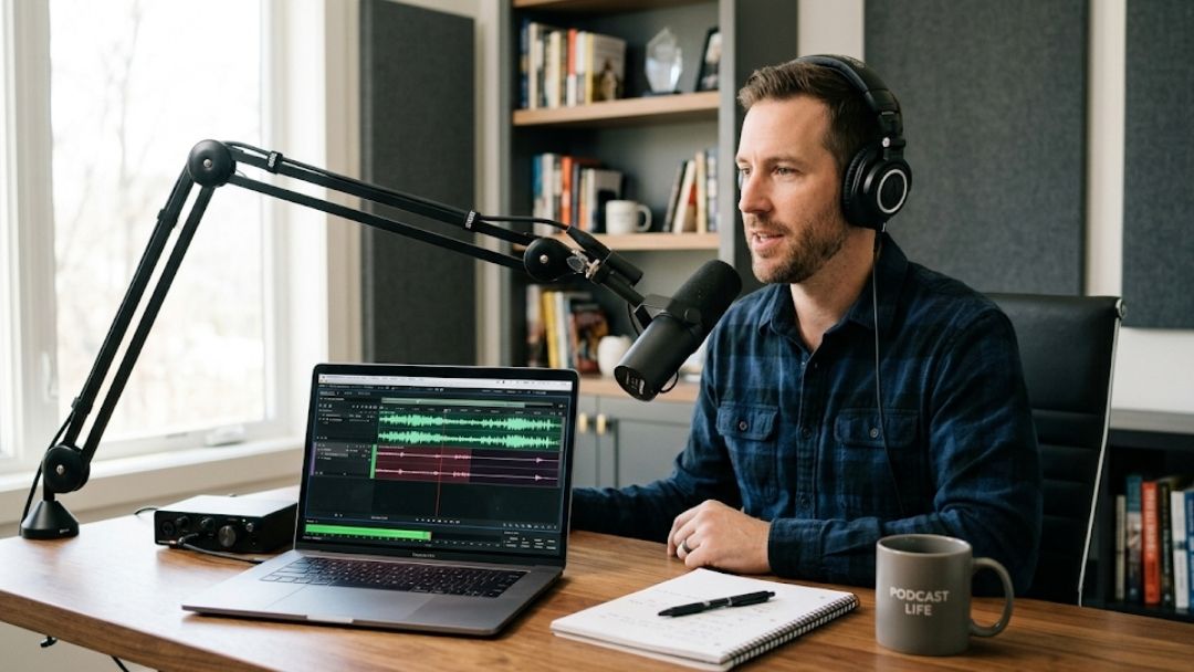 Podcaster recording at a professional home studio setup with a boom mic, headphones, and audio editing software on a laptop.