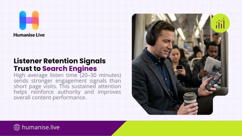 Man listening to a podcast on headphones while commuting, illustrating how high listener retention of 20–30 minutes signals trust and authority to search engines - How Do Podcasts Help with SEO and GEO