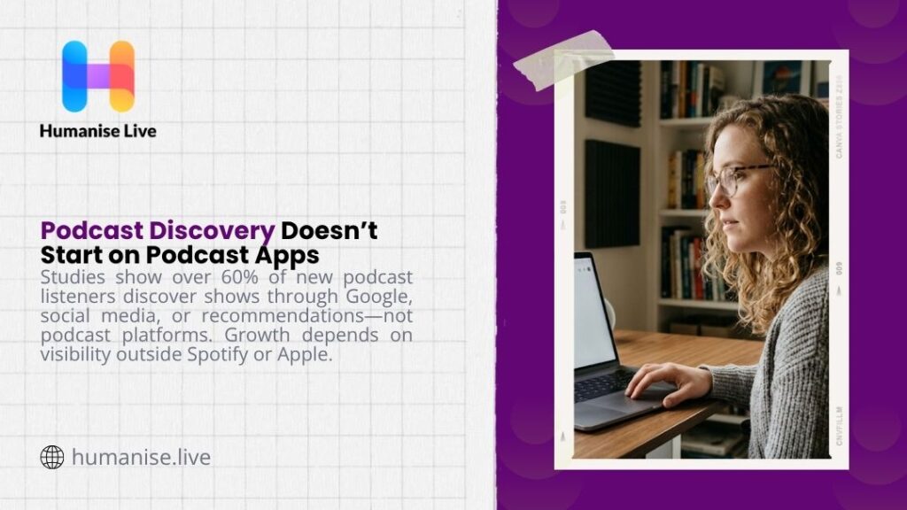 Woman searching for podcasts on a laptop showing that podcast discovery doesn't start on podcast apps but through search and social media.