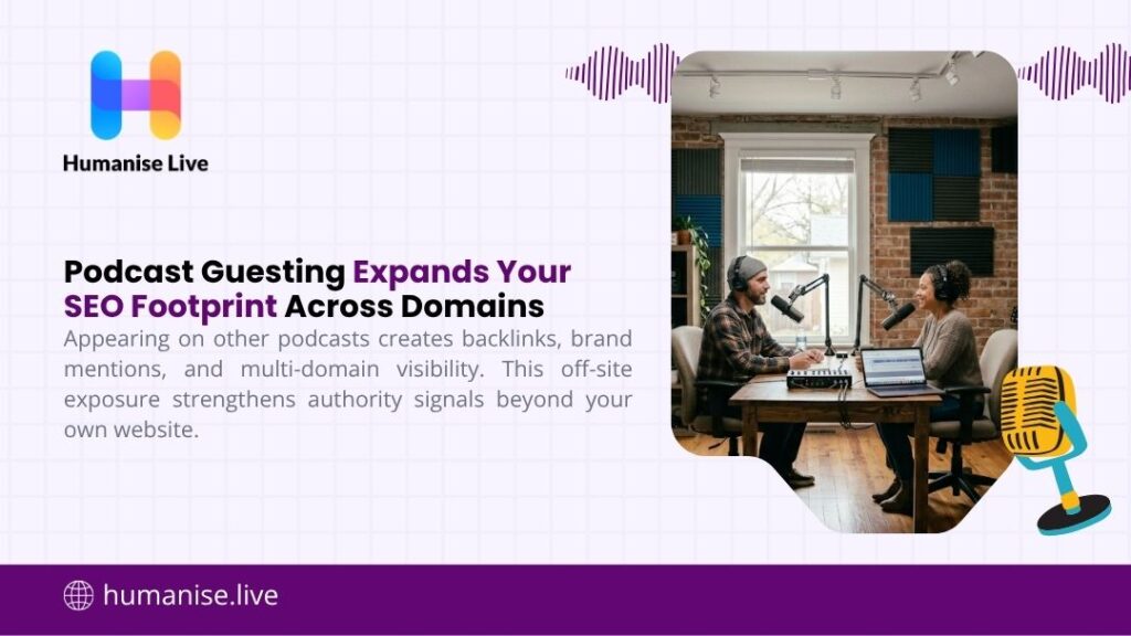 Two podcasters recording an episode in a studio, illustrating how podcast guesting expands your SEO footprint across domains through backlinks and brand mentions.