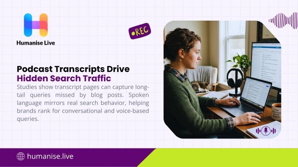 Woman working on podcast transcripts at a home desk, showing how podcast transcripts drive hidden search traffic by capturing long-tail and voice-based queries.