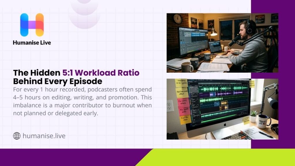 Podcaster recording and editing audio on dual monitors illustrating the hidden 5:1 workload ratio behind every podcast episode.