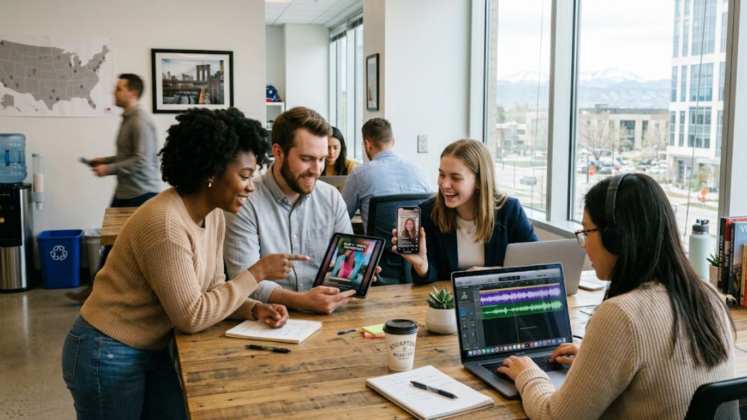 Podcast team reviewing growth strategy on tablets, phones, and audio software to fix what's holding their podcast back.