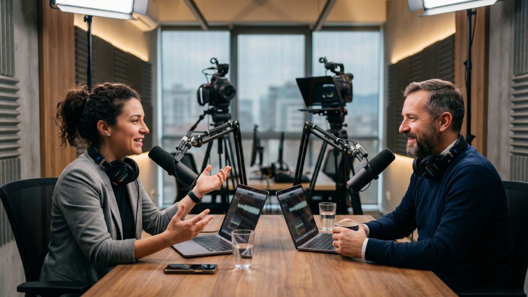 Man and woman hosting a hybrid podcast in a professional studio, gesturing while speaking into microphones with cameras and laptops on the table.