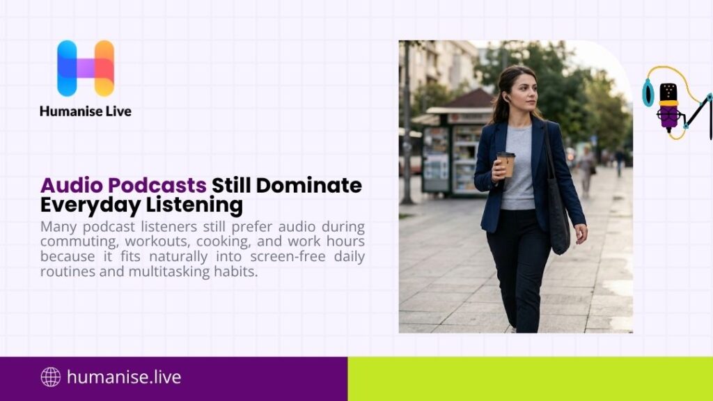 Woman walking outdoors with coffee and earbuds, listening to an audio podcast. Humanise Live graphic: "Audio Podcasts Still Dominate Everyday Listening".