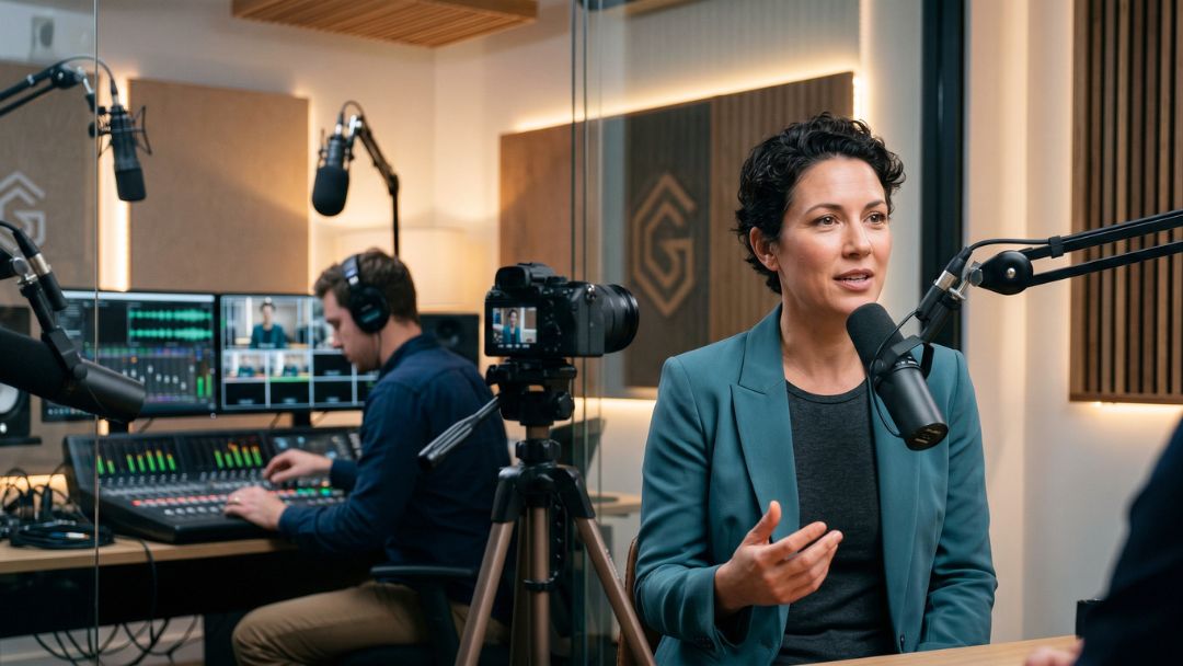 A studio recording a podcast illustrating the benefits of a podcast for business and building shows.