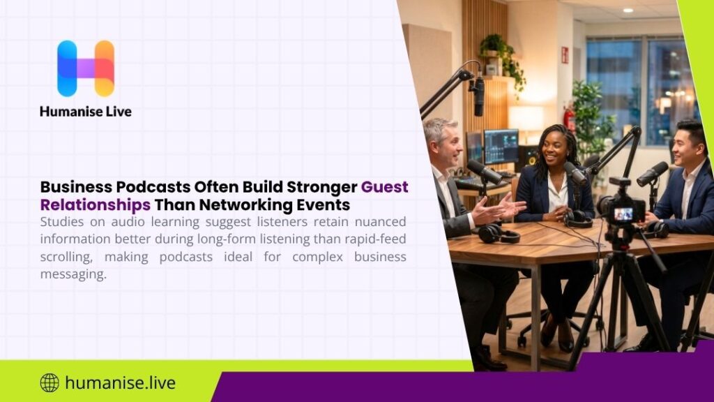 Humanise Live graphic of a podcast recording session, with text explaining that business podcasts often build stronger guest relationships than networking events.