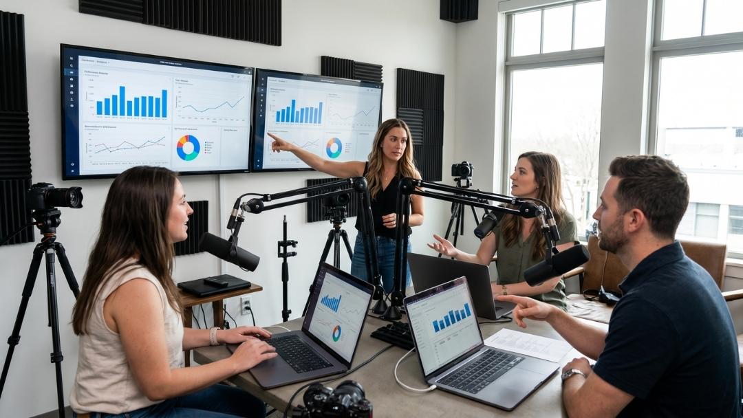 Podcast production team reviewing performance analytics and ROI data on large screens and laptops in a modern studio with microphones and cameras.