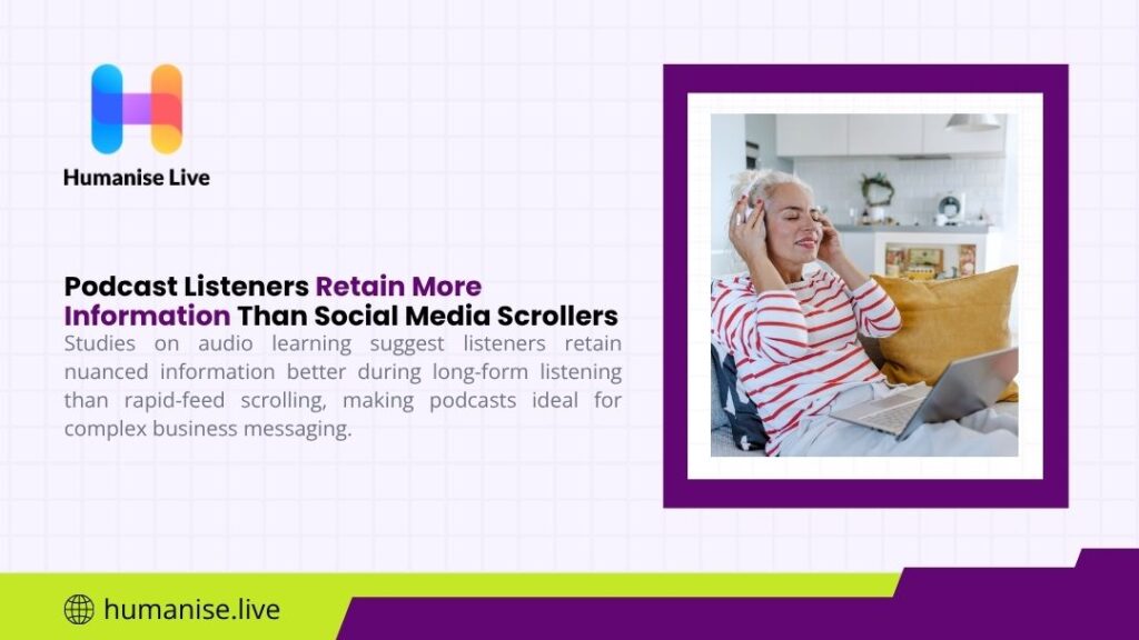 Humanise Live graphic of a woman listening with headphones, highlighting that podcast listeners retain more information than social media scrollers.