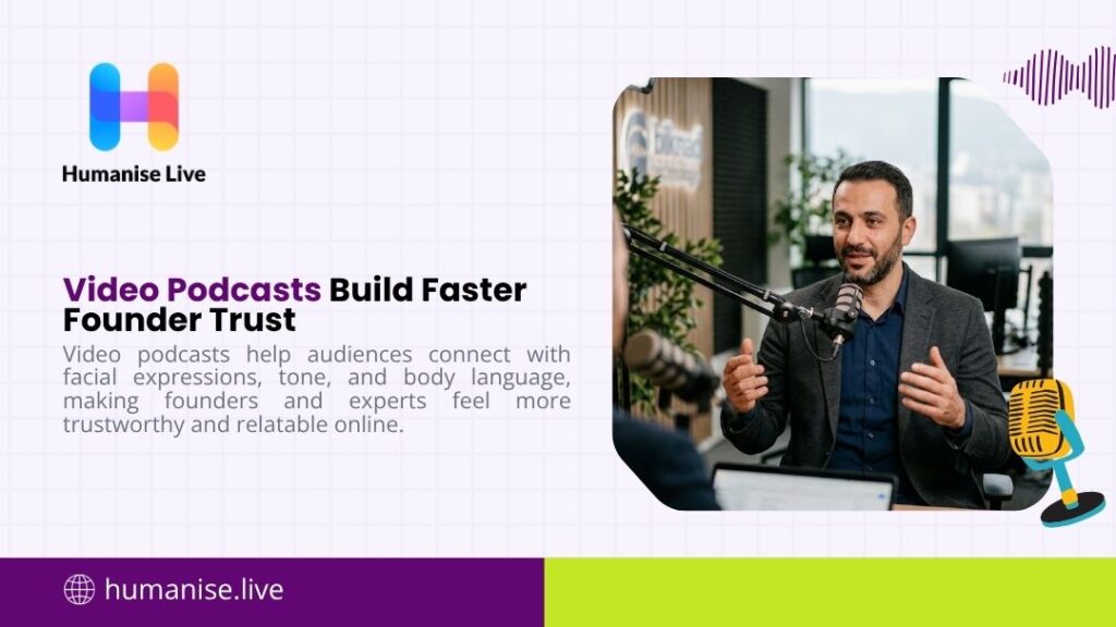 Humanise Live graphic "Video Podcasts Build Faster Founder Trust" showing a man in a blazer gesturing while speaking into a studio microphone during a video podcast recording.