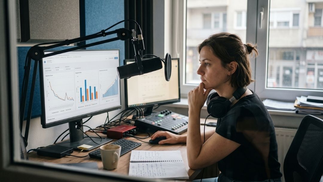 Woman reviewing podcast analytics and performance metrics on dual monitors in a professional recording studio with microphone and audio equipment.