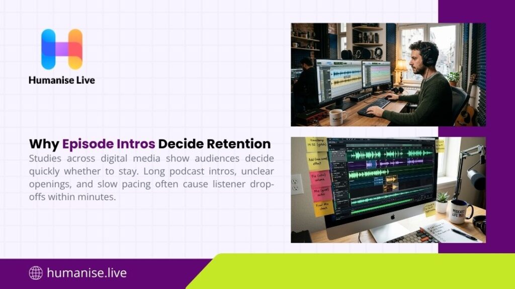 Humanise Live graphic "Why Episode Intros Decide Retention" featuring a podcast producer editing audio waveforms on dual monitors in a studio setup.